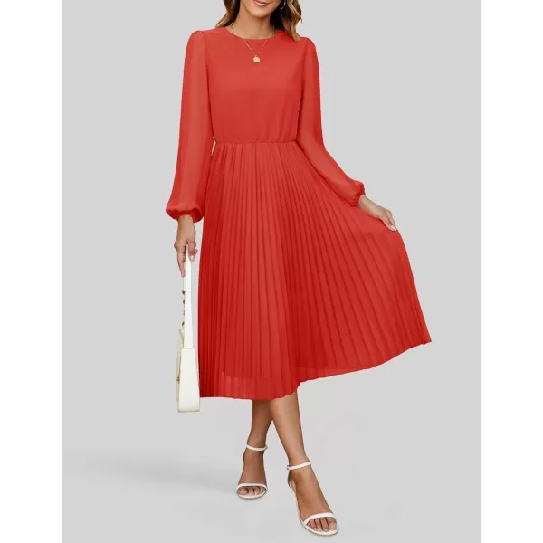 imageZESICA Womens Fall Long Sleeve Dresses 2024 Casual Crewneck Chiffon Swing Pleated A Line Cocktail Party Midi DressRed