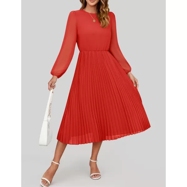 imageZESICA Womens Fall Long Sleeve Dresses 2024 Casual Crewneck Chiffon Swing Pleated A Line Cocktail Party Midi DressRed