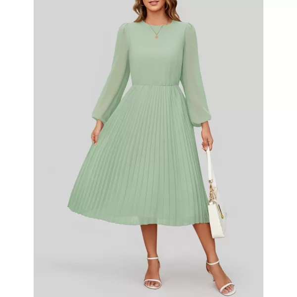 imageZESICA Womens Fall Long Sleeve Dresses 2024 Casual Crewneck Chiffon Swing Pleated A Line Cocktail Party Midi DressSage Green