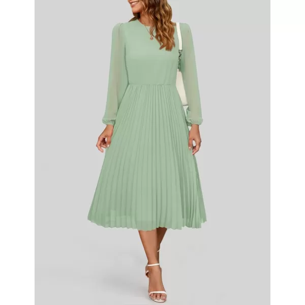 imageZESICA Womens Fall Long Sleeve Dresses 2024 Casual Crewneck Chiffon Swing Pleated A Line Cocktail Party Midi DressSage Green