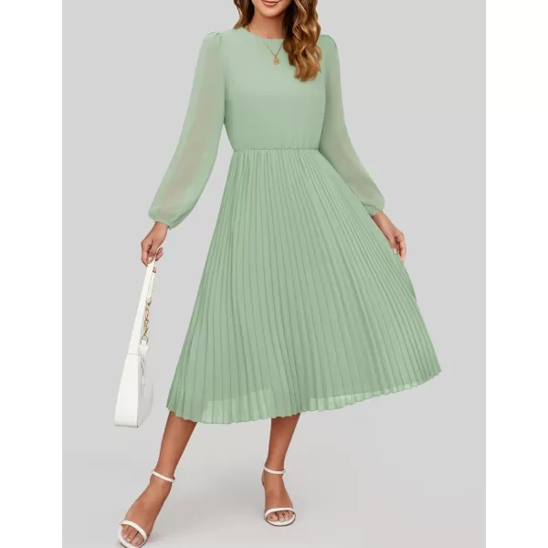 imageZESICA Womens Fall Long Sleeve Dresses 2024 Casual Crewneck Chiffon Swing Pleated A Line Cocktail Party Midi DressSage Green