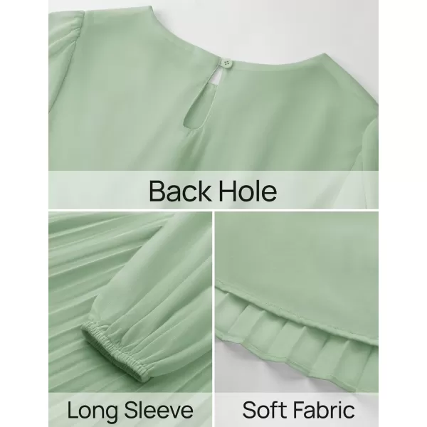 imageZESICA Womens Fall Long Sleeve Dresses 2024 Casual Crewneck Chiffon Swing Pleated A Line Cocktail Party Midi DressSage Green