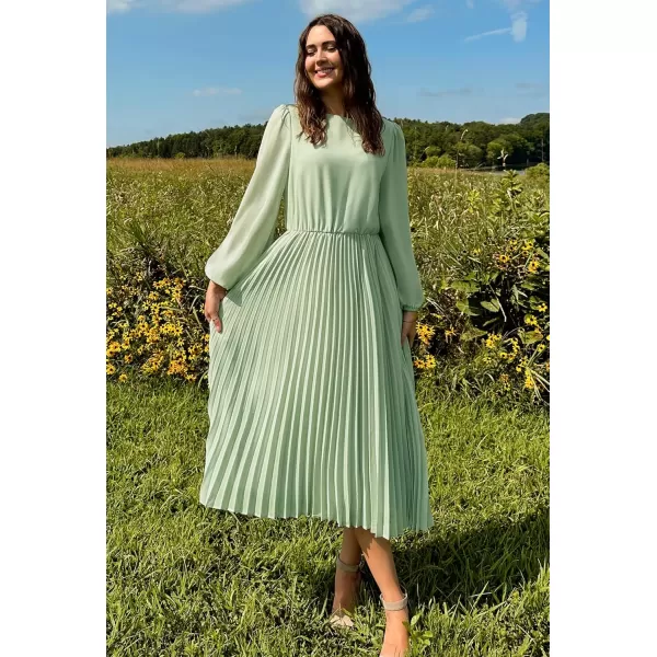 imageZESICA Womens Fall Long Sleeve Dresses 2024 Casual Crewneck Chiffon Swing Pleated A Line Cocktail Party Midi DressSage Green