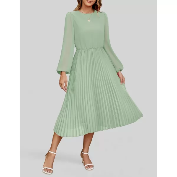 imageZESICA Womens Fall Long Sleeve Dresses 2024 Casual Crewneck Chiffon Swing Pleated A Line Cocktail Party Midi DressSage Green