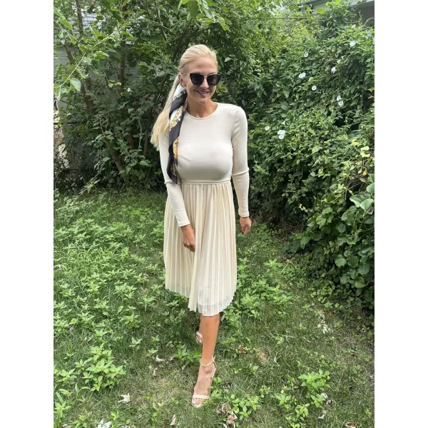 imageZESICA Womens Fall Long Sleeve Midi Dress Casual Crewneck Knit Belted Pleated A Line Flowy Sweater DressesApricot