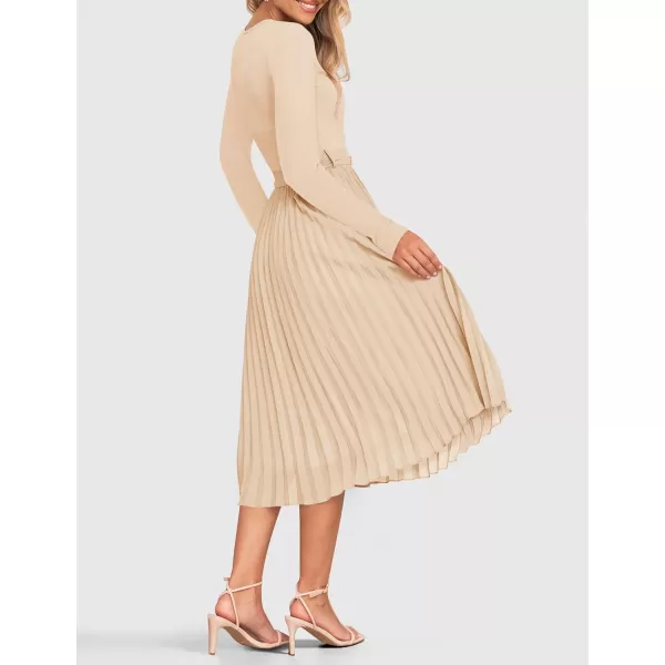 imageZESICA Womens Fall Long Sleeve Midi Dress Casual Crewneck Knit Belted Pleated A Line Flowy Sweater DressesApricot