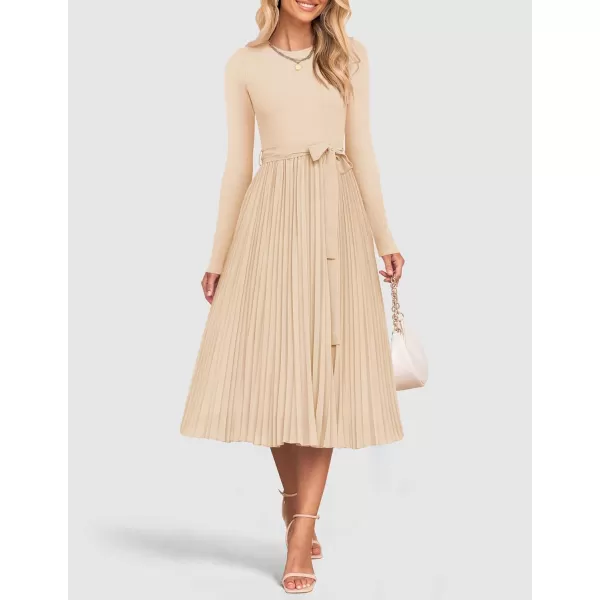 imageZESICA Womens Fall Long Sleeve Midi Dress Casual Crewneck Knit Belted Pleated A Line Flowy Sweater DressesApricot