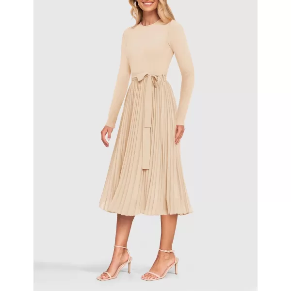 imageZESICA Womens Fall Long Sleeve Midi Dress Casual Crewneck Knit Belted Pleated A Line Flowy Sweater DressesApricot