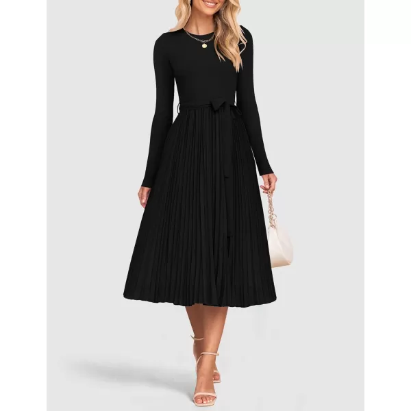 imageZESICA Womens Fall Long Sleeve Midi Dress Casual Crewneck Knit Belted Pleated A Line Flowy Sweater DressesBlack