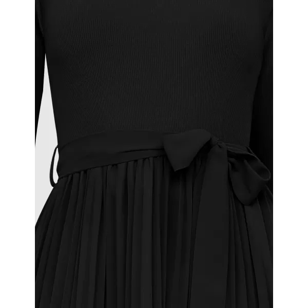 imageZESICA Womens Fall Long Sleeve Midi Dress Casual Crewneck Knit Belted Pleated A Line Flowy Sweater DressesBlack