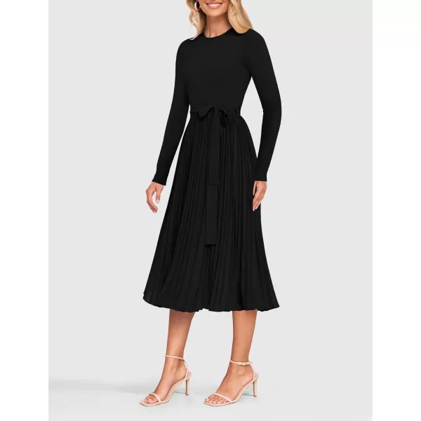 imageZESICA Womens Fall Long Sleeve Midi Dress Casual Crewneck Knit Belted Pleated A Line Flowy Sweater DressesBlack