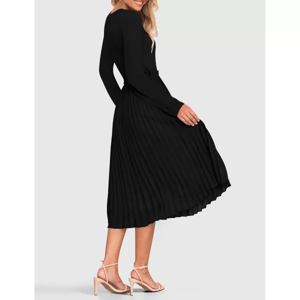 imageZESICA Womens Fall Long Sleeve Midi Dress Casual Crewneck Knit Belted Pleated A Line Flowy Sweater DressesBlack
