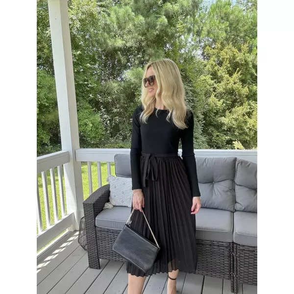 imageZESICA Womens Fall Long Sleeve Midi Dress Casual Crewneck Knit Belted Pleated A Line Flowy Sweater DressesBlack