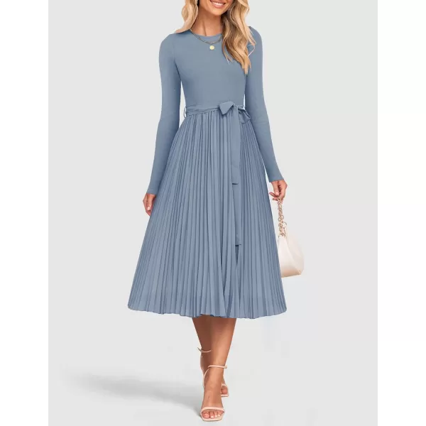 imageZESICA Womens Fall Long Sleeve Midi Dress Casual Crewneck Knit Belted Pleated A Line Flowy Sweater DressesDusty Blue