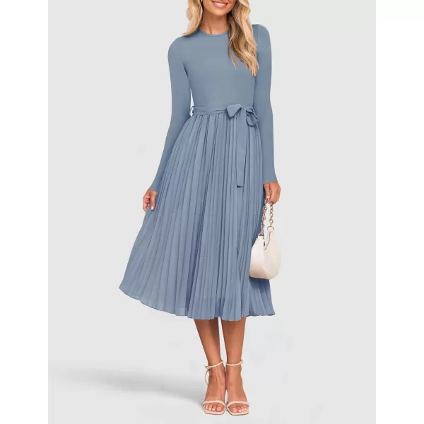imageZESICA Womens Fall Long Sleeve Midi Dress Casual Crewneck Knit Belted Pleated A Line Flowy Sweater DressesDusty Blue