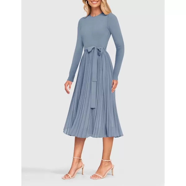 imageZESICA Womens Fall Long Sleeve Midi Dress Casual Crewneck Knit Belted Pleated A Line Flowy Sweater DressesDusty Blue