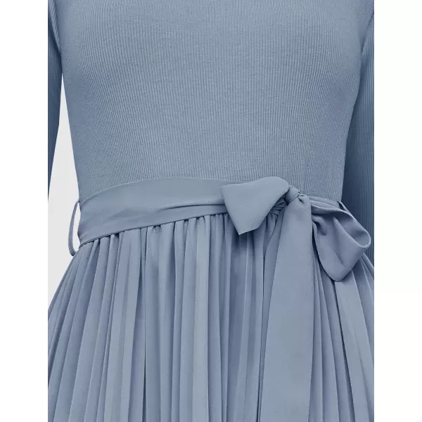 imageZESICA Womens Fall Long Sleeve Midi Dress Casual Crewneck Knit Belted Pleated A Line Flowy Sweater DressesDusty Blue