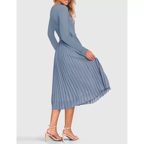 imageZESICA Womens Fall Long Sleeve Midi Dress Casual Crewneck Knit Belted Pleated A Line Flowy Sweater DressesDusty Blue