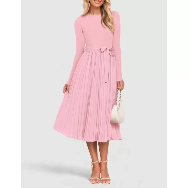 imageZESICA Womens Fall Long Sleeve Midi Dress Casual Crewneck Knit Belted Pleated A Line Flowy Sweater DressesLight Pink