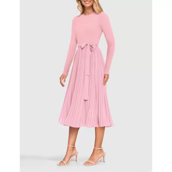 imageZESICA Womens Fall Long Sleeve Midi Dress Casual Crewneck Knit Belted Pleated A Line Flowy Sweater DressesLight Pink