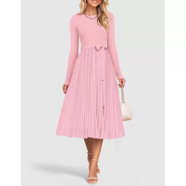imageZESICA Womens Fall Long Sleeve Midi Dress Casual Crewneck Knit Belted Pleated A Line Flowy Sweater DressesLight Pink
