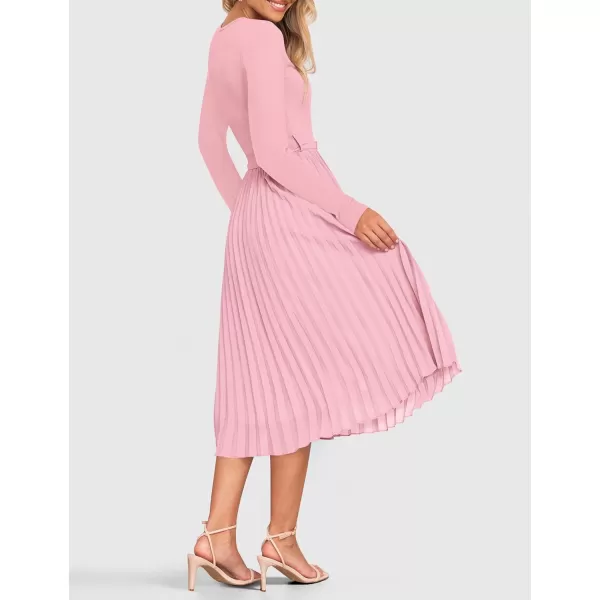 imageZESICA Womens Fall Long Sleeve Midi Dress Casual Crewneck Knit Belted Pleated A Line Flowy Sweater DressesLight Pink