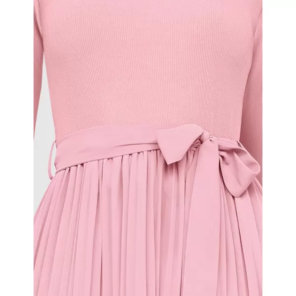imageZESICA Womens Fall Long Sleeve Midi Dress Casual Crewneck Knit Belted Pleated A Line Flowy Sweater DressesLight Pink