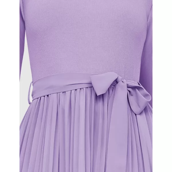 imageZESICA Womens Fall Long Sleeve Midi Dress Casual Crewneck Knit Belted Pleated A Line Flowy Sweater DressesPurple
