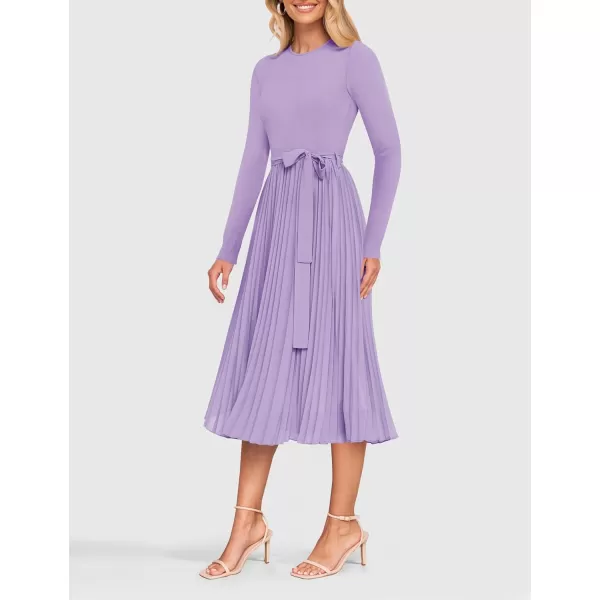 imageZESICA Womens Fall Long Sleeve Midi Dress Casual Crewneck Knit Belted Pleated A Line Flowy Sweater DressesPurple