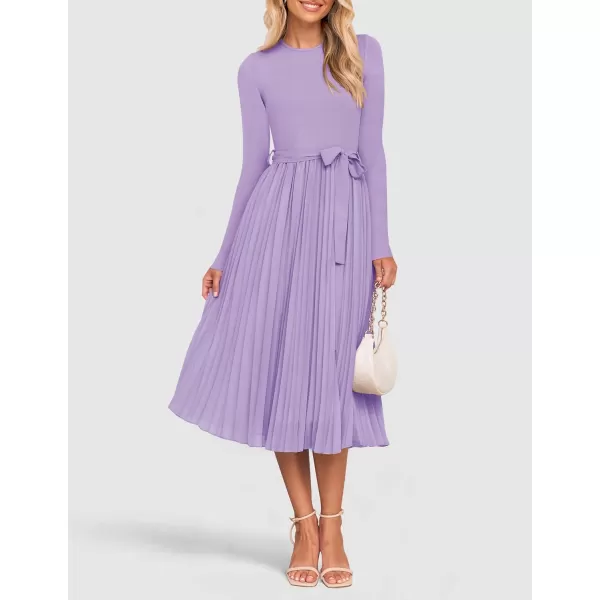 imageZESICA Womens Fall Long Sleeve Midi Dress Casual Crewneck Knit Belted Pleated A Line Flowy Sweater DressesPurple