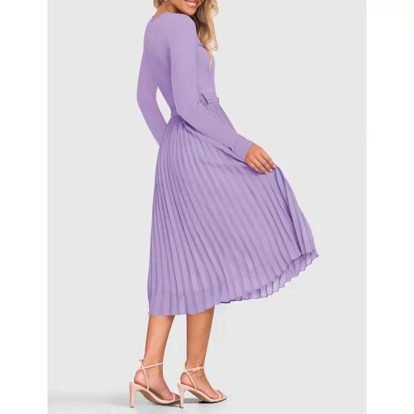imageZESICA Womens Fall Long Sleeve Midi Dress Casual Crewneck Knit Belted Pleated A Line Flowy Sweater DressesPurple