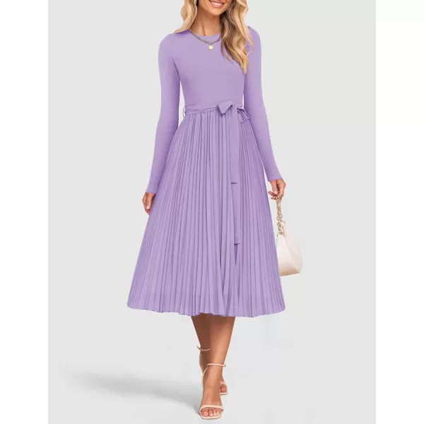 imageZESICA Womens Fall Long Sleeve Midi Dress Casual Crewneck Knit Belted Pleated A Line Flowy Sweater DressesPurple