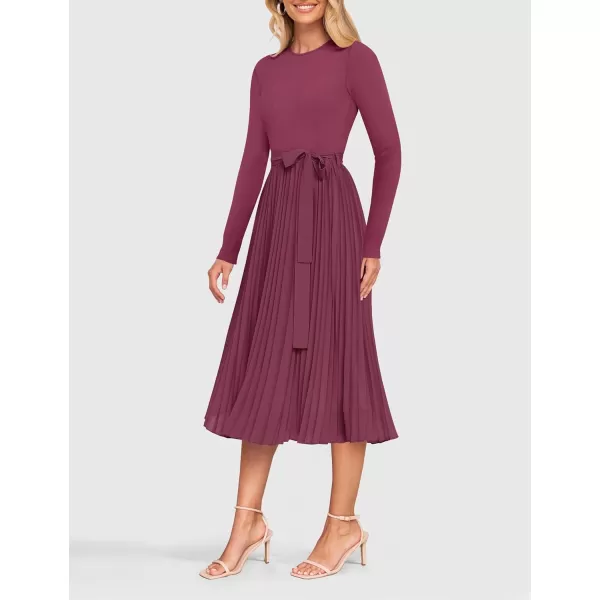 imageZESICA Womens Fall Long Sleeve Midi Dress Casual Crewneck Knit Belted Pleated A Line Flowy Sweater DressesPurple Red