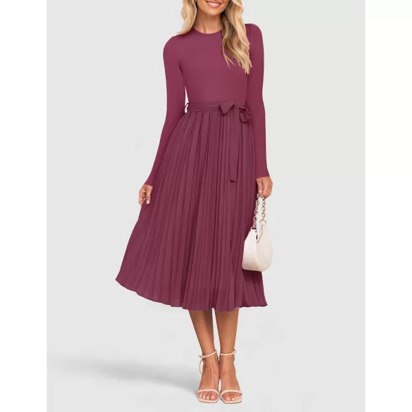 imageZESICA Womens Fall Long Sleeve Midi Dress Casual Crewneck Knit Belted Pleated A Line Flowy Sweater DressesPurple Red