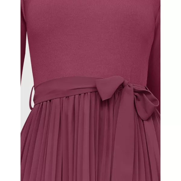 imageZESICA Womens Fall Long Sleeve Midi Dress Casual Crewneck Knit Belted Pleated A Line Flowy Sweater DressesPurple Red
