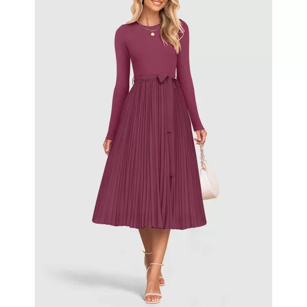imageZESICA Womens Fall Long Sleeve Midi Dress Casual Crewneck Knit Belted Pleated A Line Flowy Sweater DressesPurple Red
