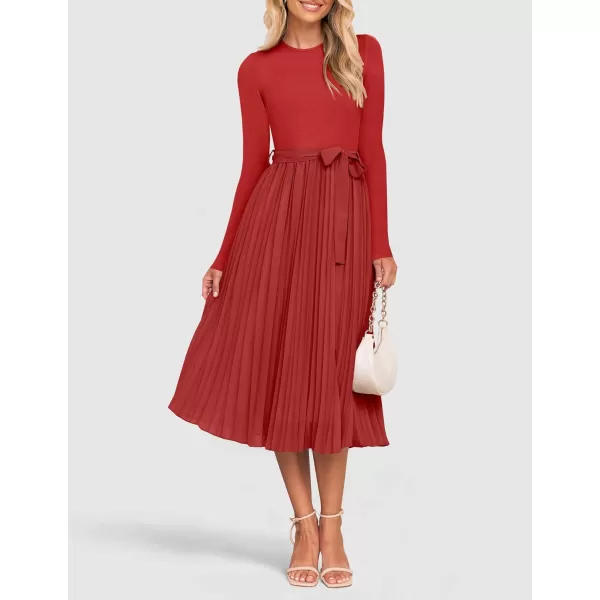 imageZESICA Womens Fall Long Sleeve Midi Dress Casual Crewneck Knit Belted Pleated A Line Flowy Sweater DressesRed