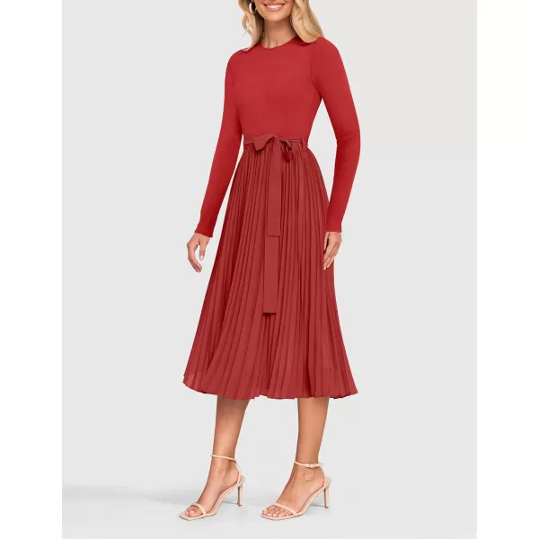 imageZESICA Womens Fall Long Sleeve Midi Dress Casual Crewneck Knit Belted Pleated A Line Flowy Sweater DressesRed
