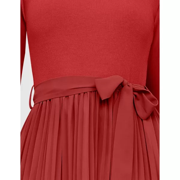 imageZESICA Womens Fall Long Sleeve Midi Dress Casual Crewneck Knit Belted Pleated A Line Flowy Sweater DressesRed