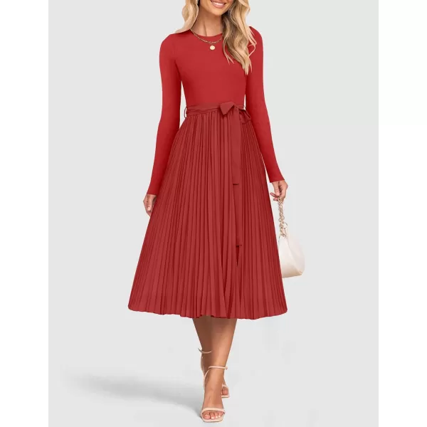 imageZESICA Womens Fall Long Sleeve Midi Dress Casual Crewneck Knit Belted Pleated A Line Flowy Sweater DressesRed