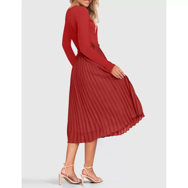 imageZESICA Womens Fall Long Sleeve Midi Dress Casual Crewneck Knit Belted Pleated A Line Flowy Sweater DressesRed