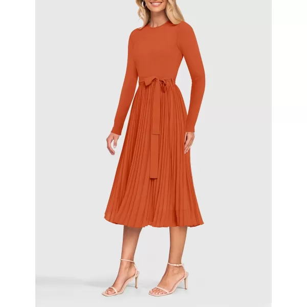 imageZESICA Womens Fall Long Sleeve Midi Dress Casual Crewneck Knit Belted Pleated A Line Flowy Sweater DressesRust