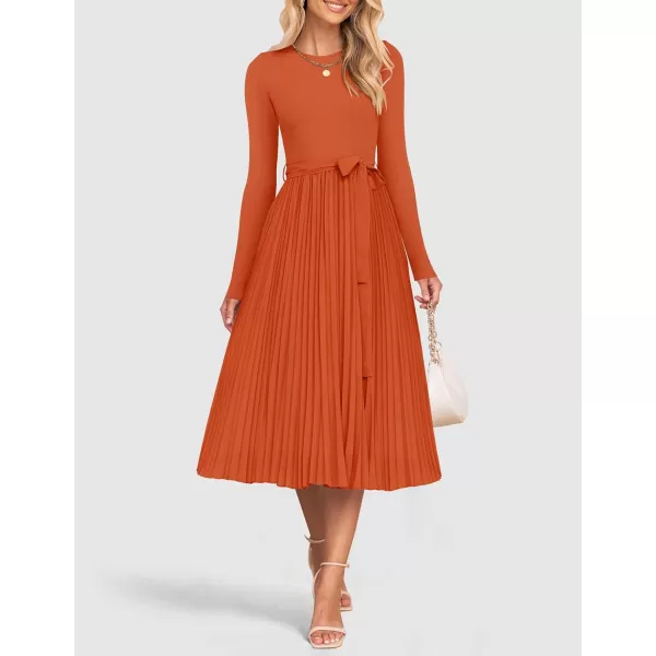 imageZESICA Womens Fall Long Sleeve Midi Dress Casual Crewneck Knit Belted Pleated A Line Flowy Sweater DressesRust