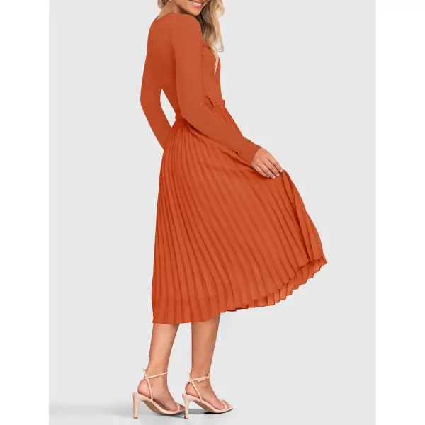 imageZESICA Womens Fall Long Sleeve Midi Dress Casual Crewneck Knit Belted Pleated A Line Flowy Sweater DressesRust