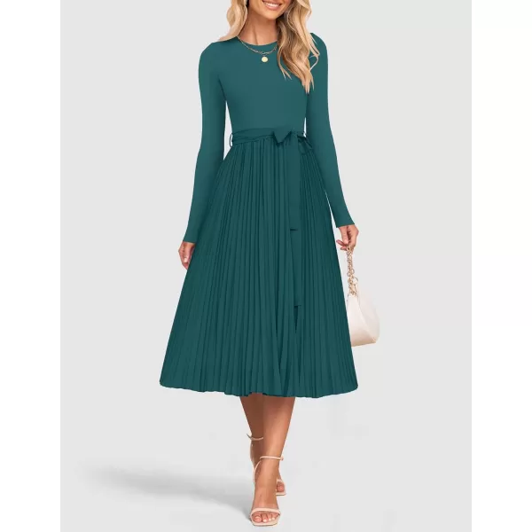 imageZESICA Womens Fall Long Sleeve Midi Dress Casual Crewneck Knit Belted Pleated A Line Flowy Sweater DressesTeal