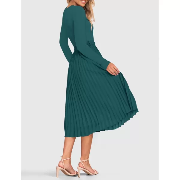 imageZESICA Womens Fall Long Sleeve Midi Dress Casual Crewneck Knit Belted Pleated A Line Flowy Sweater DressesTeal