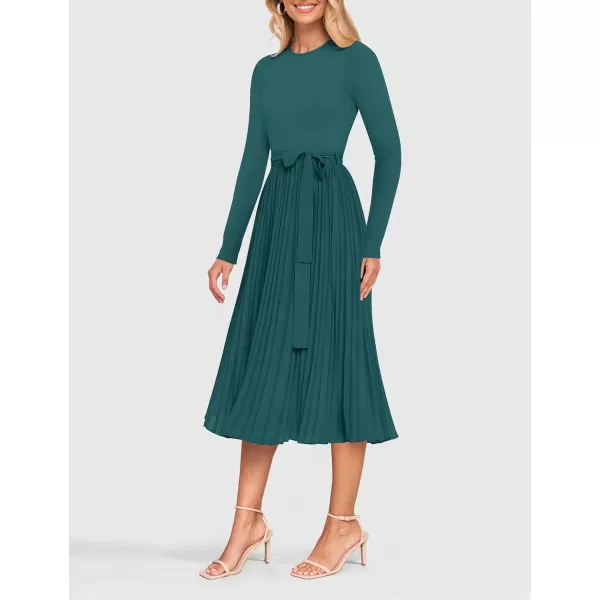 imageZESICA Womens Fall Long Sleeve Midi Dress Casual Crewneck Knit Belted Pleated A Line Flowy Sweater DressesTeal