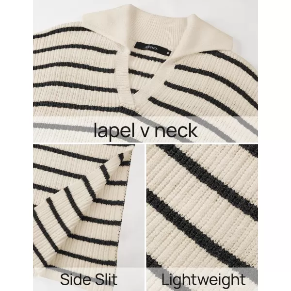 imageZESICA Womens Fall Striped Sweater Dresses 2024 Casual Long Sleeve Lapel V Neck Knit Side Slit Midi DressApricot