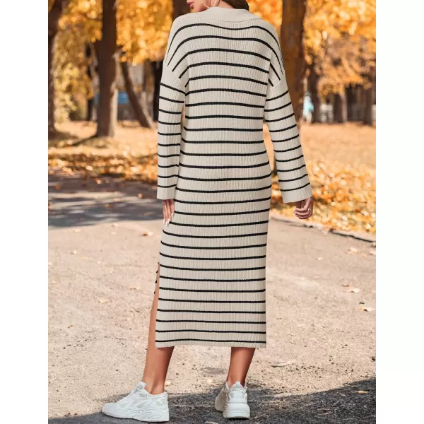 imageZESICA Womens Fall Striped Sweater Dresses 2024 Casual Long Sleeve Lapel V Neck Knit Side Slit Midi DressApricot