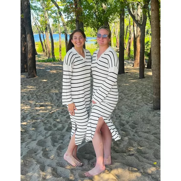 imageZESICA Womens Fall Striped Sweater Dresses 2024 Casual Long Sleeve Lapel V Neck Knit Side Slit Midi DressApricot